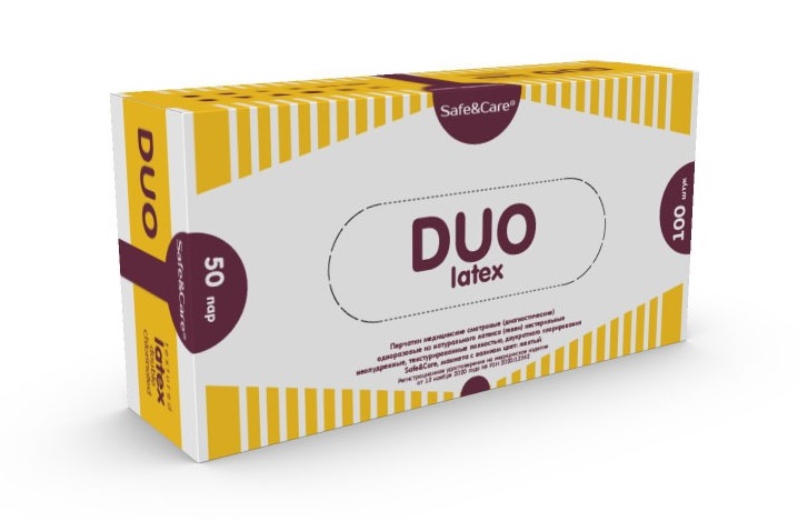 Перчатки латексные DUO M (7-8), 100шт, 2 хлор, Safe&Care