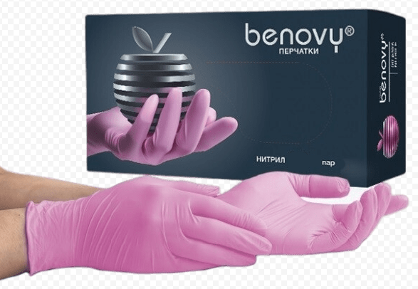Перчатки нитриловые S (6-7), 100шт, розовые, Benovy